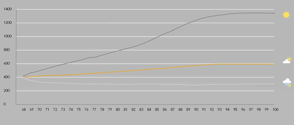 Grafiek zicht op groei pensioen zonder inflatie, variabel pensioen
