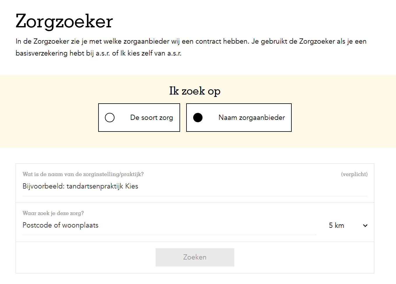 Deze afbeelding toont hoe je zoekt in de zorgzoeker