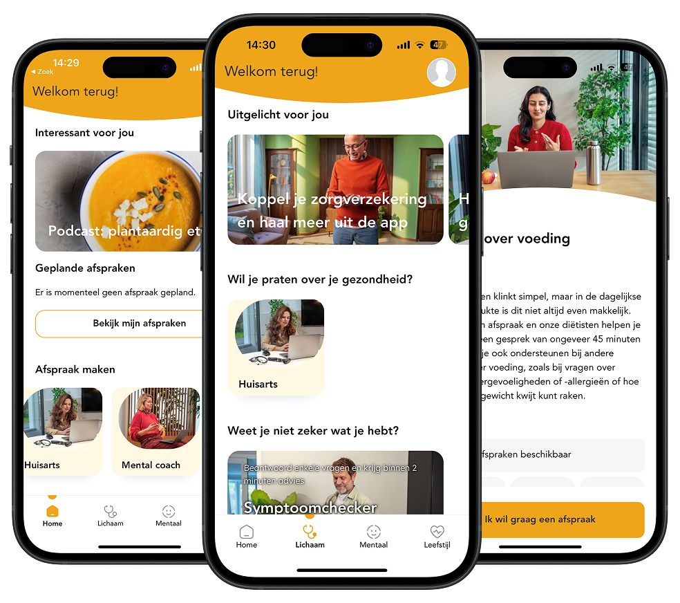 schermafbeeldingen van drie pagina's in de zorg voor jezelf app